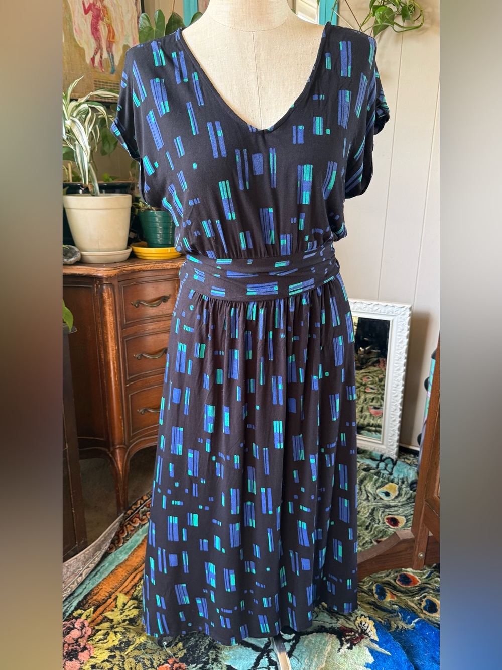 Apt 9 Black Blue Teal Dolman Sleeve Ruched Waist High Low Dress, size Large